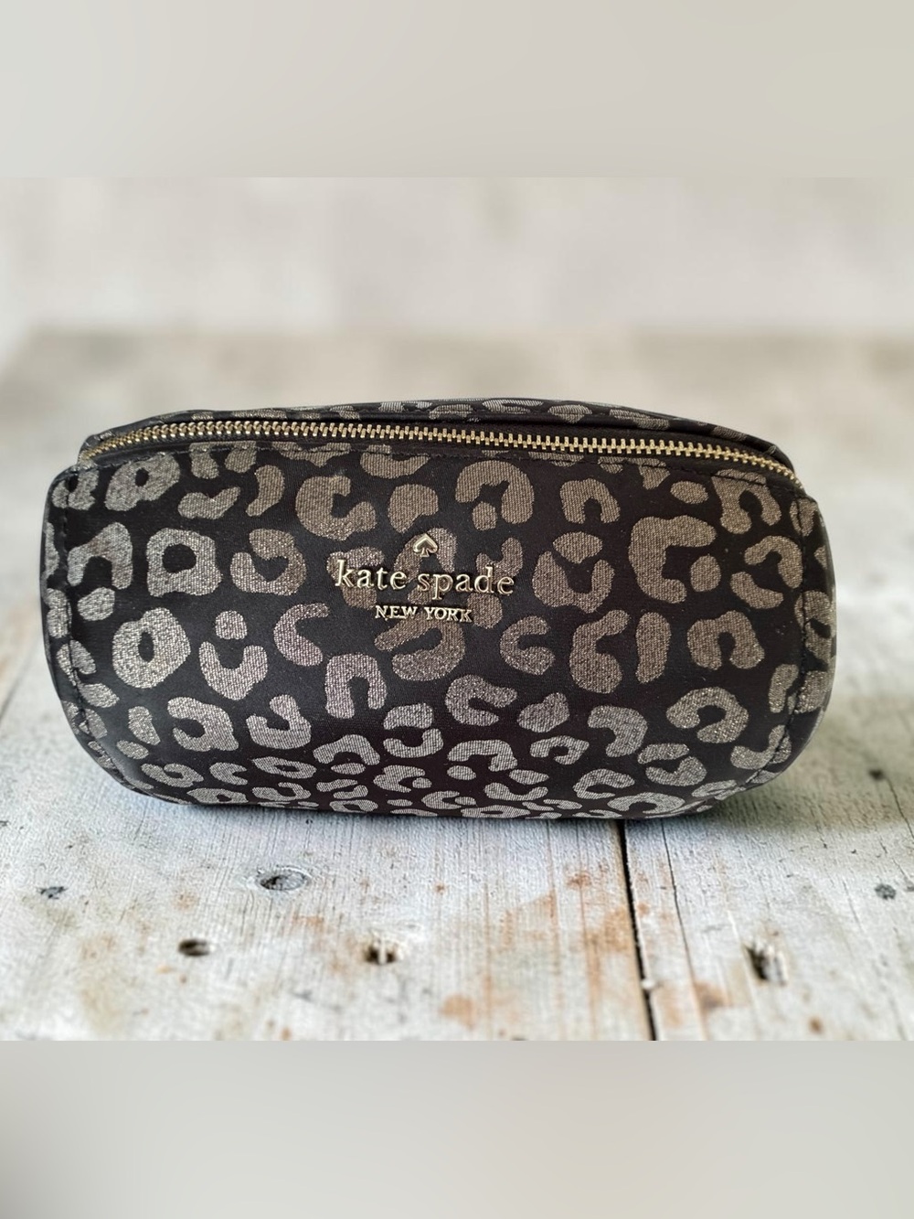 kate spade Metallic Silver Leopard Print Cosmetic Pouch - Black Base